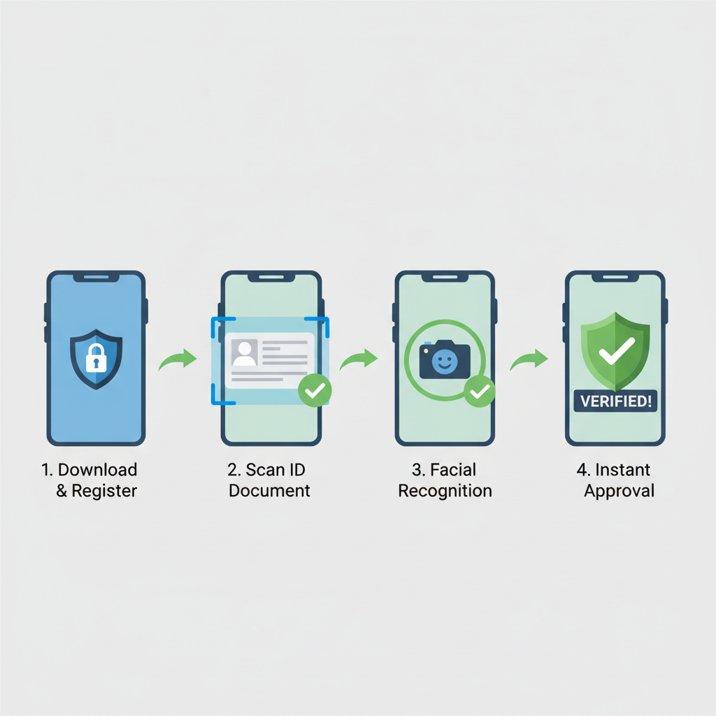 illustration of secure digital wallet KYC verification process with ID scan and checkmarks