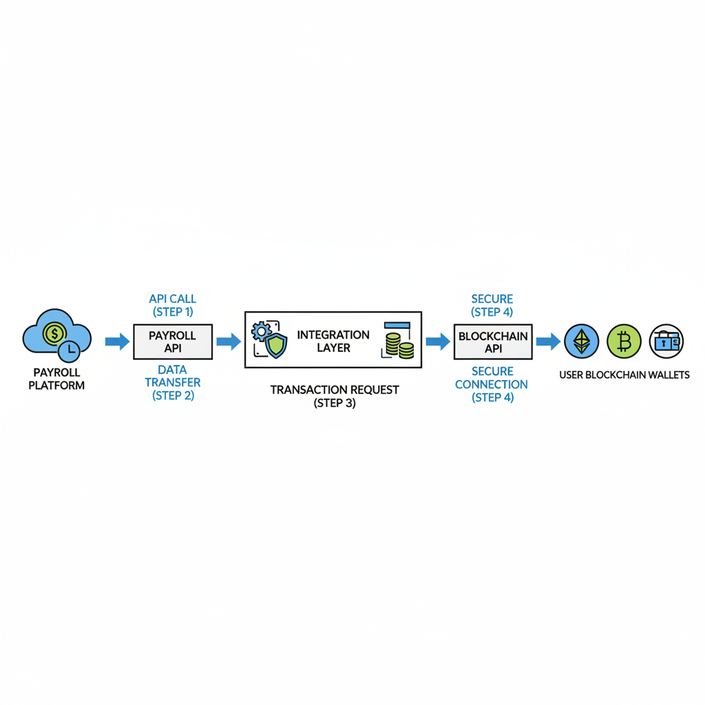 API integration diagram connecting payroll platform to blockchain wallet icons