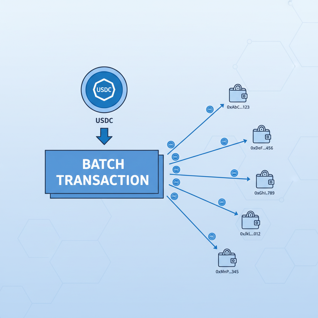 blockchain batch transaction visualization with USDC tokens flowing to multiple wallets