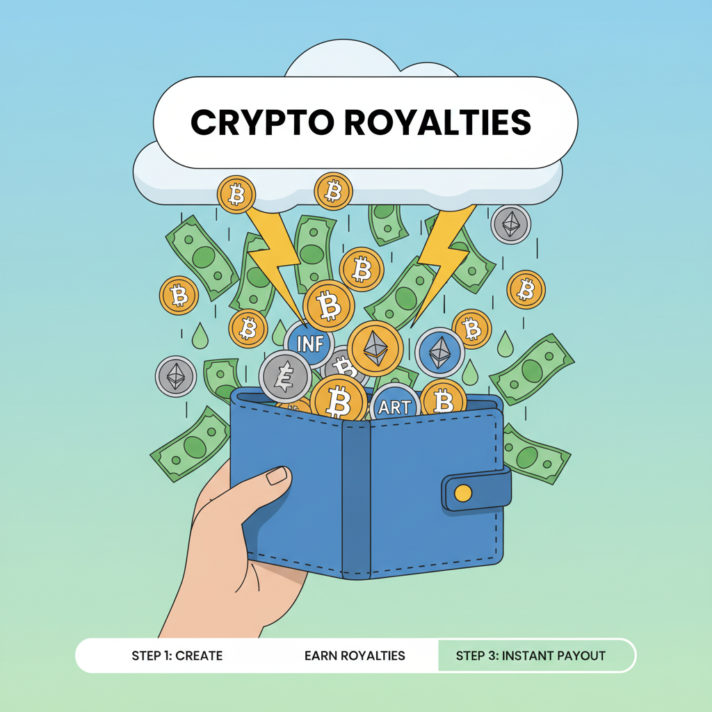 artist wallet filling with crypto royalties, lightning bolt payouts, money rain