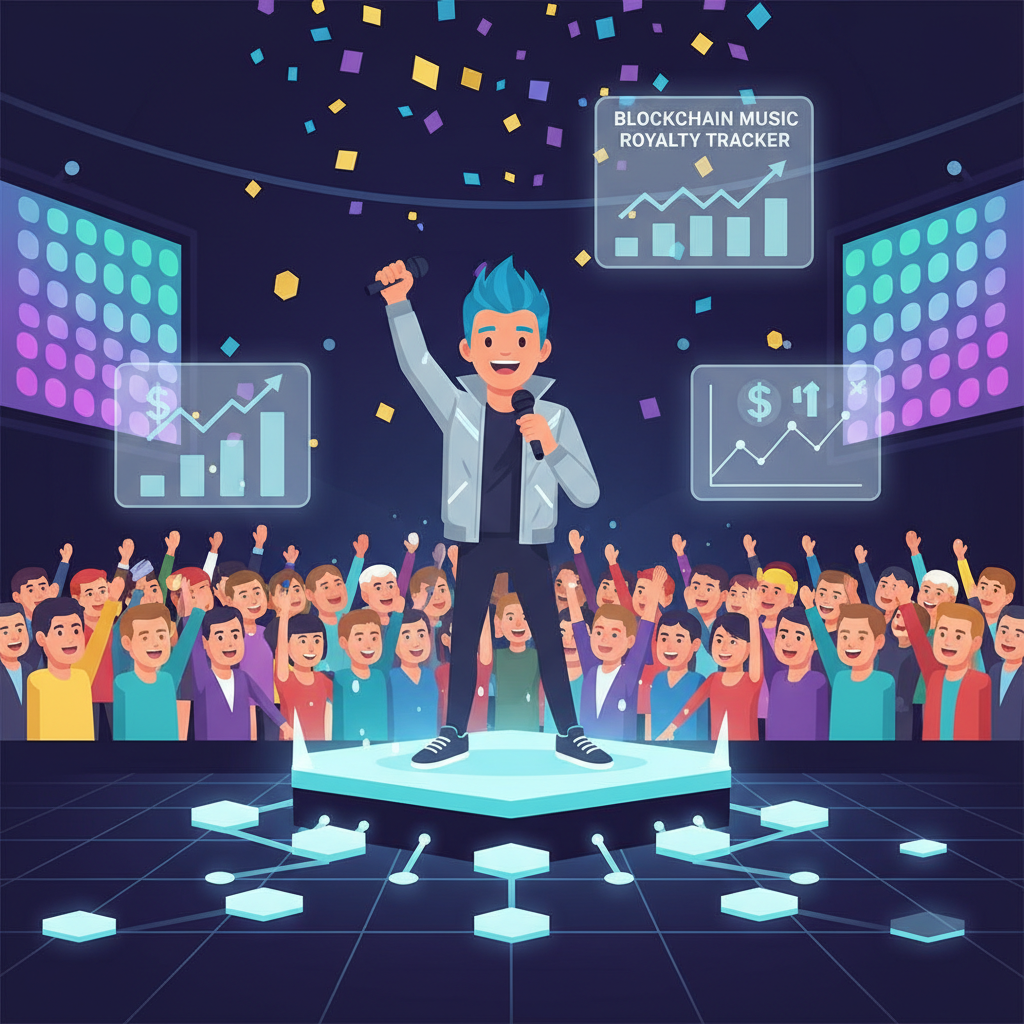 artist celebrating with fans at blockchain music concert, confetti and charts up