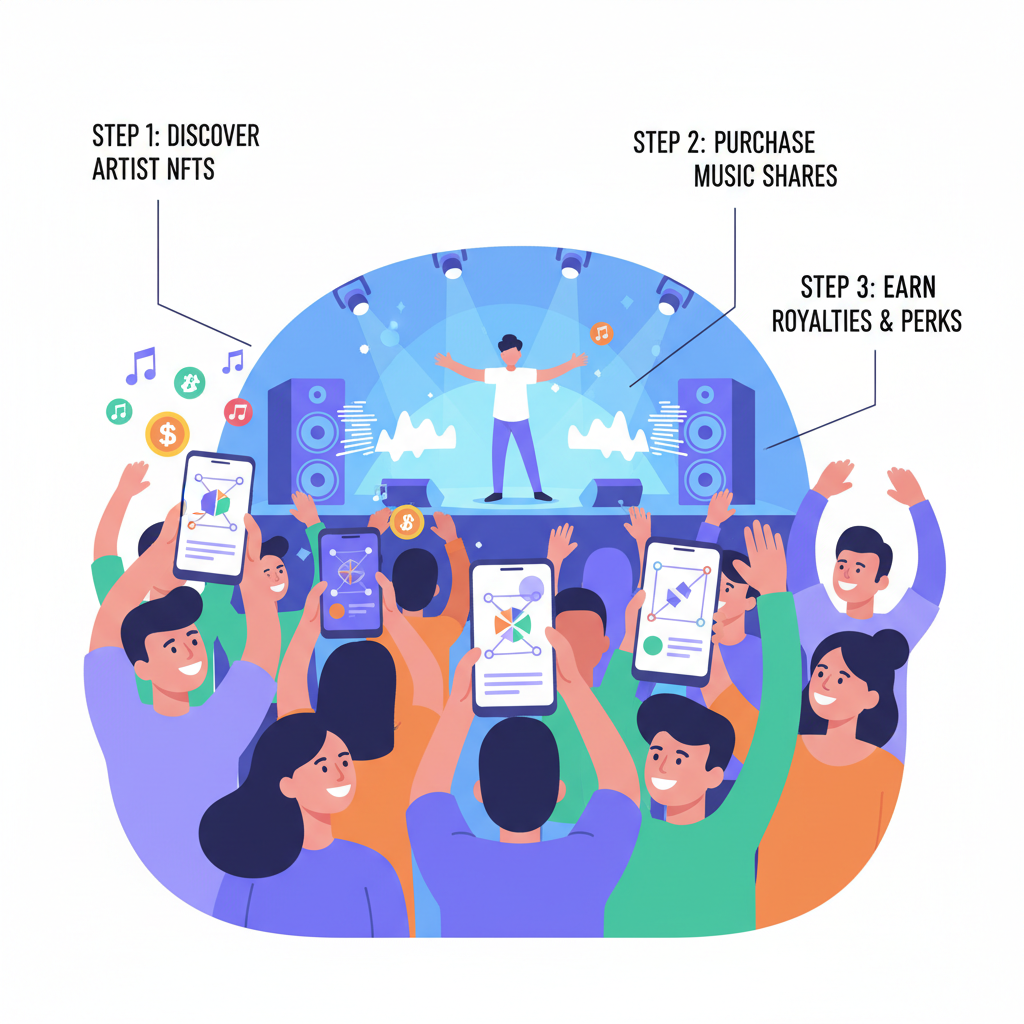 fans buying music NFT shares on phone, excited crowd around artist stage