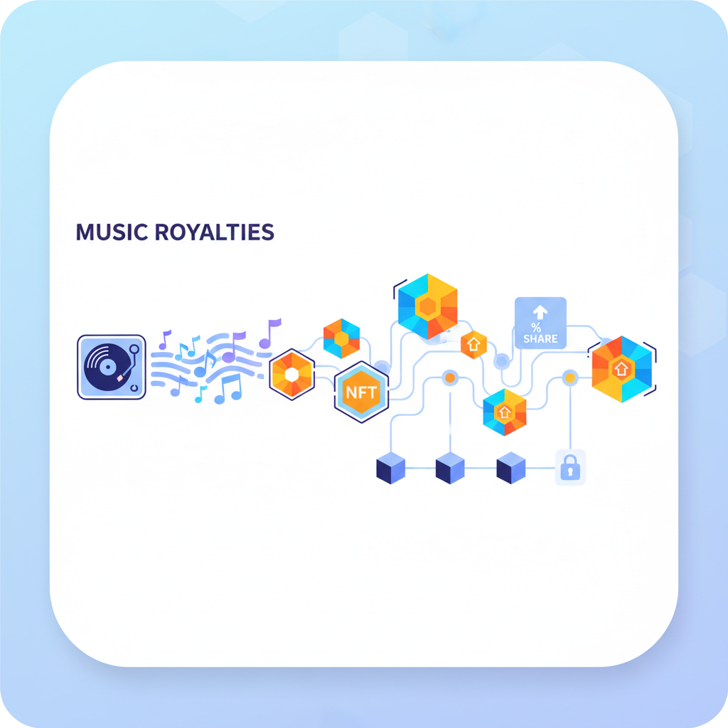 music royalties turning into glowing NFT tokens and shares, blockchain animation
