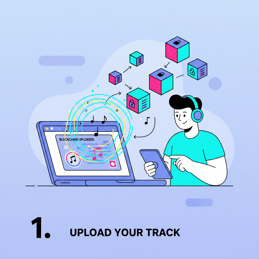 independent artist uploading music files to blockchain uploader, vibrant audio waves