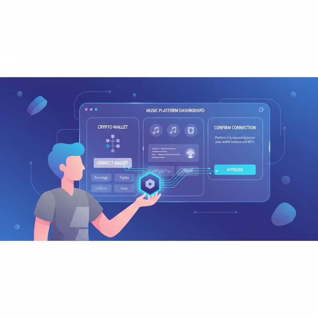 artist connecting crypto wallet to music platform dashboard, futuristic interface