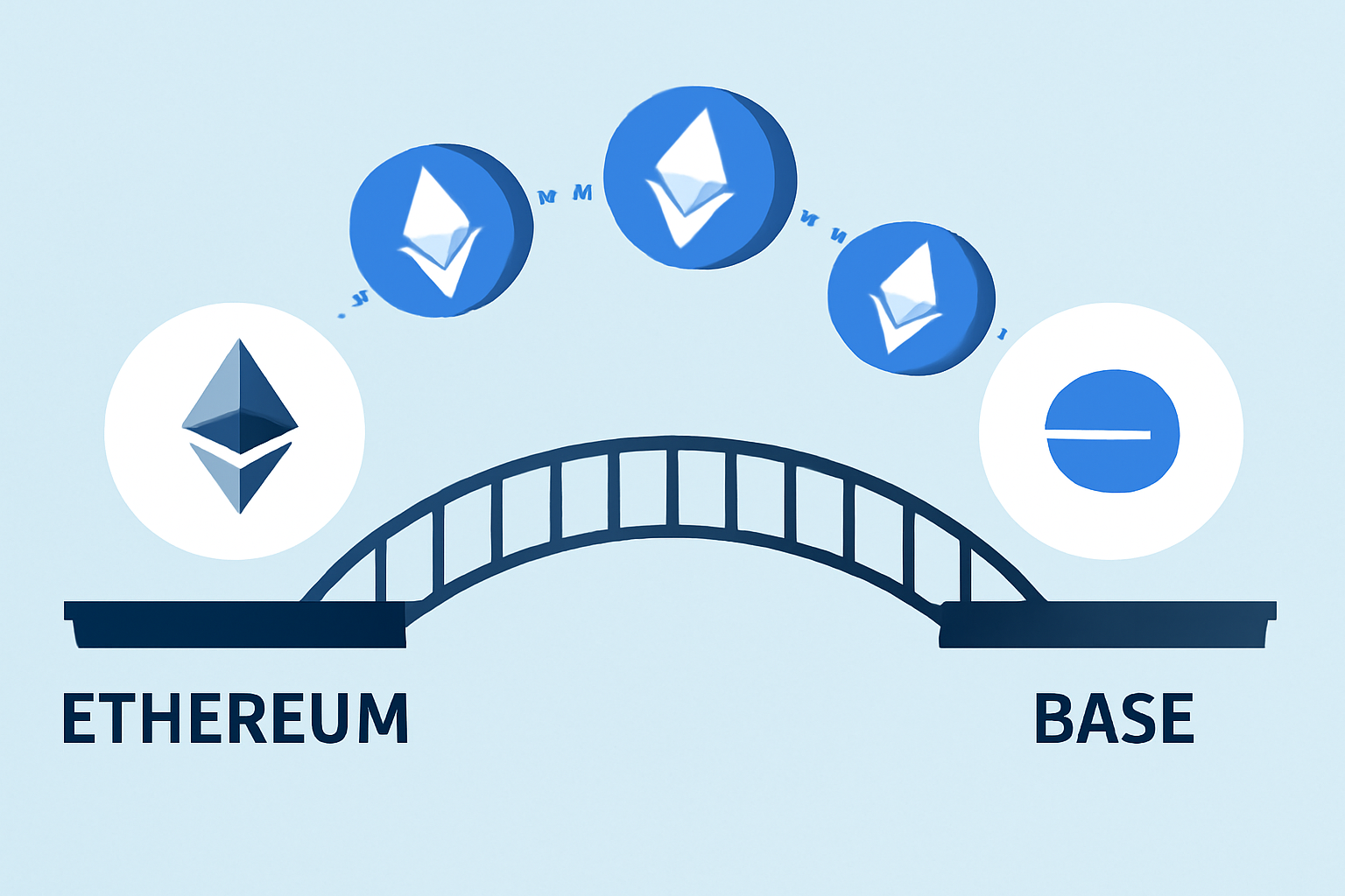A visual of ETH tokens moving across a digital bridge from Ethereum to Base, with network icons on each side.