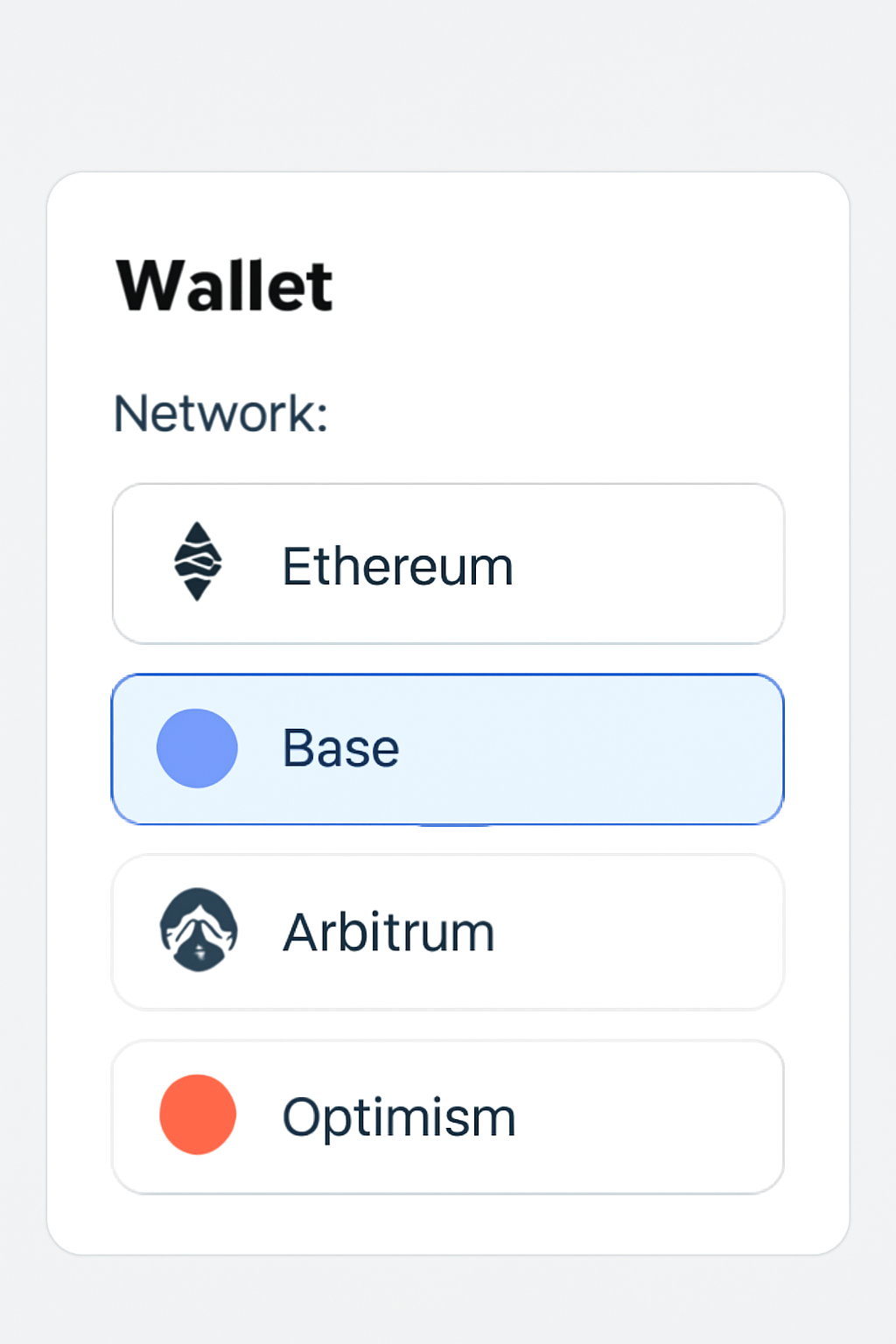 A digital wallet interface showing network selection, with 'Base' highlighted among other blockchain networks.
