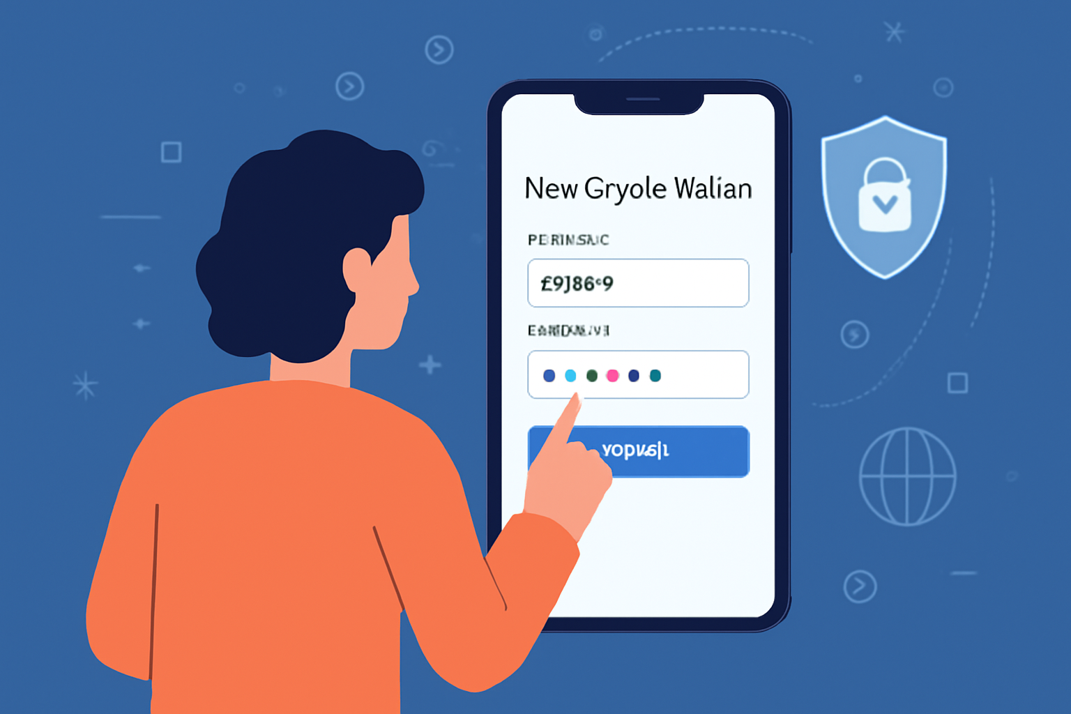 A user setting up a new crypto wallet on their phone, entering a username and password, with a secure digital background.