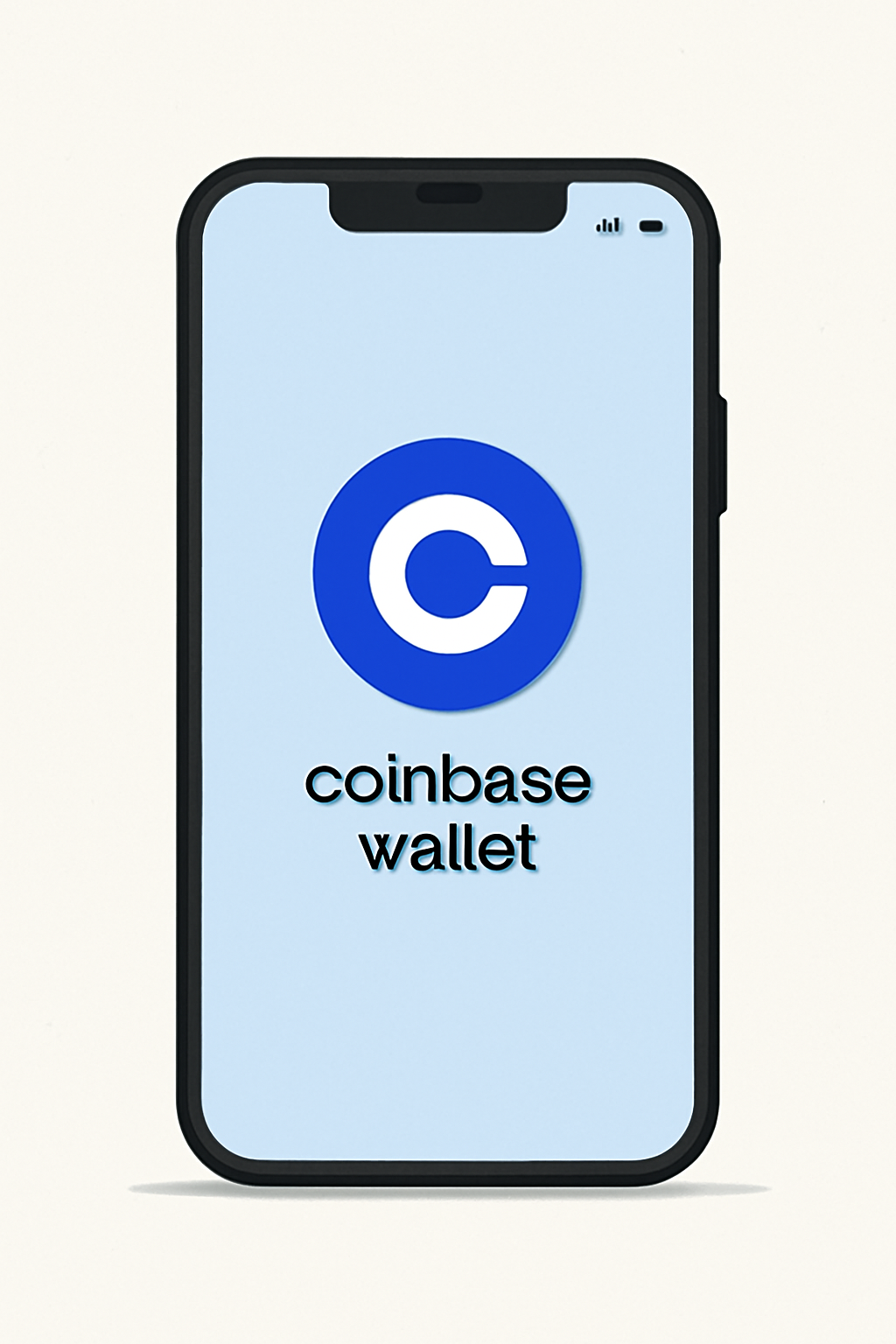 A smartphone displaying the Coinbase Wallet app icon on the screen, with a secure and modern interface, in a well-lit environment.