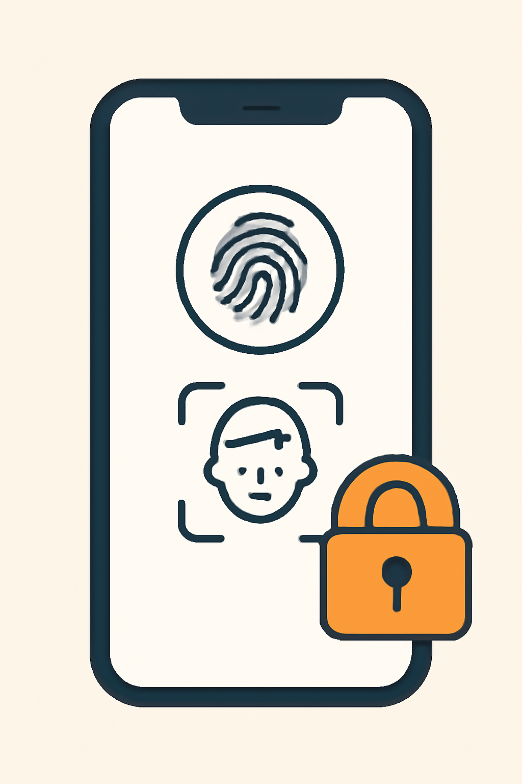 A phone displaying biometric authentication options (fingerprint, face scan), with a secure lock icon overlay.