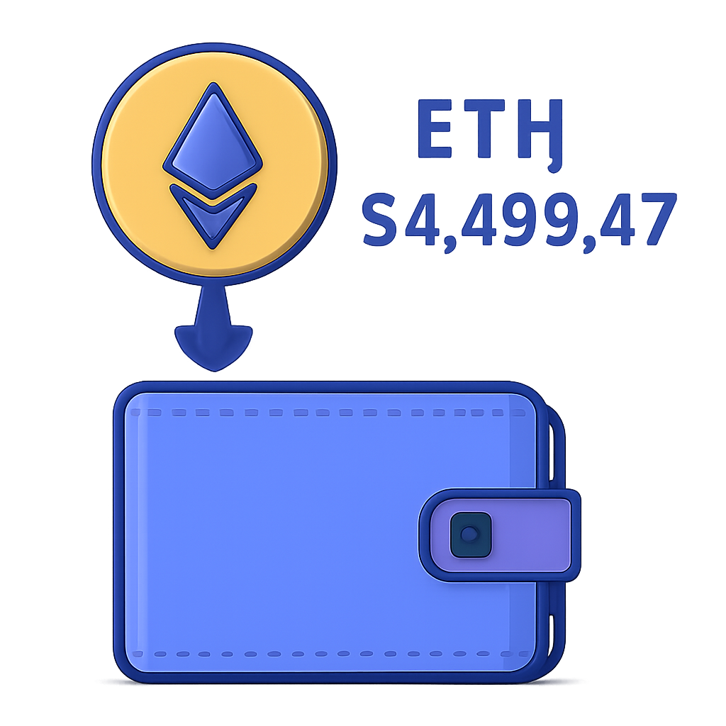 A digital wallet receiving Ethereum, with the ETH logo and the price $4,499.47 displayed, in a modern digital style.