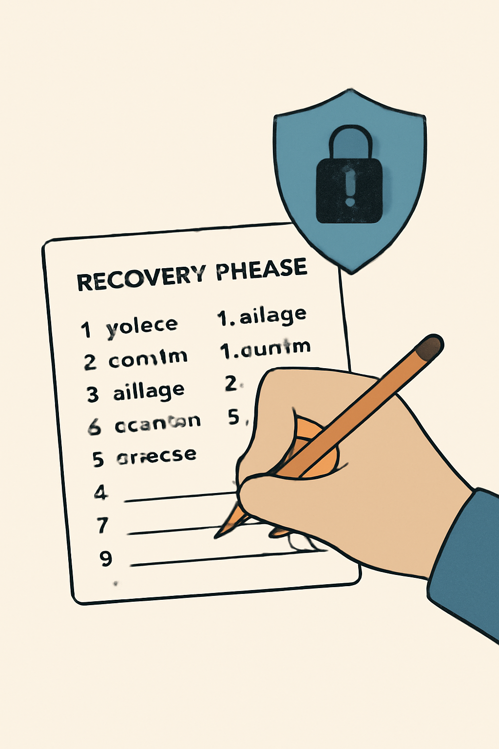 A hand writing a 12-word recovery phrase on paper, with a lock and shield symbol in the background, emphasizing security.
