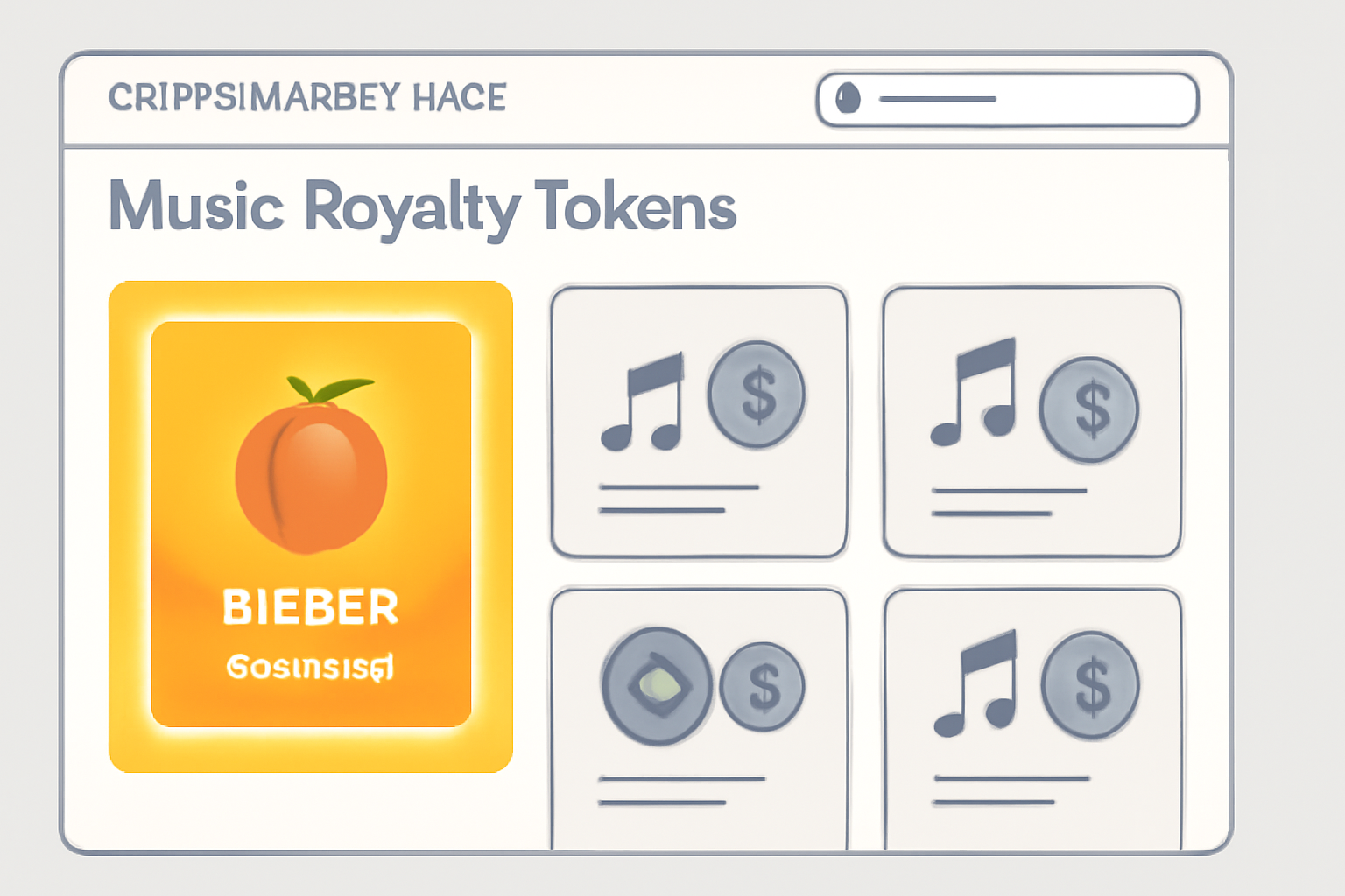 crypto marketplace interface browsing music royalty tokens, Bieber Peaches thumbnail glowing, search bar active --ar 16:9