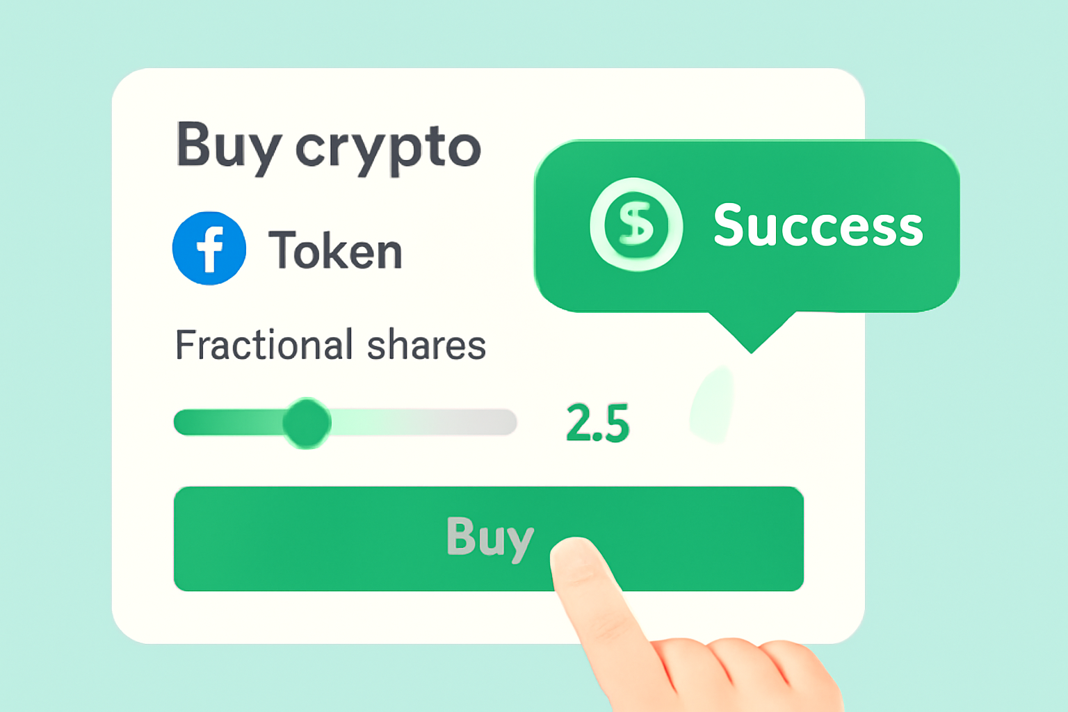 buy button pressed on token purchase screen, fractional shares slider, USDC payment confirmation, vibrant green success --ar 16:9