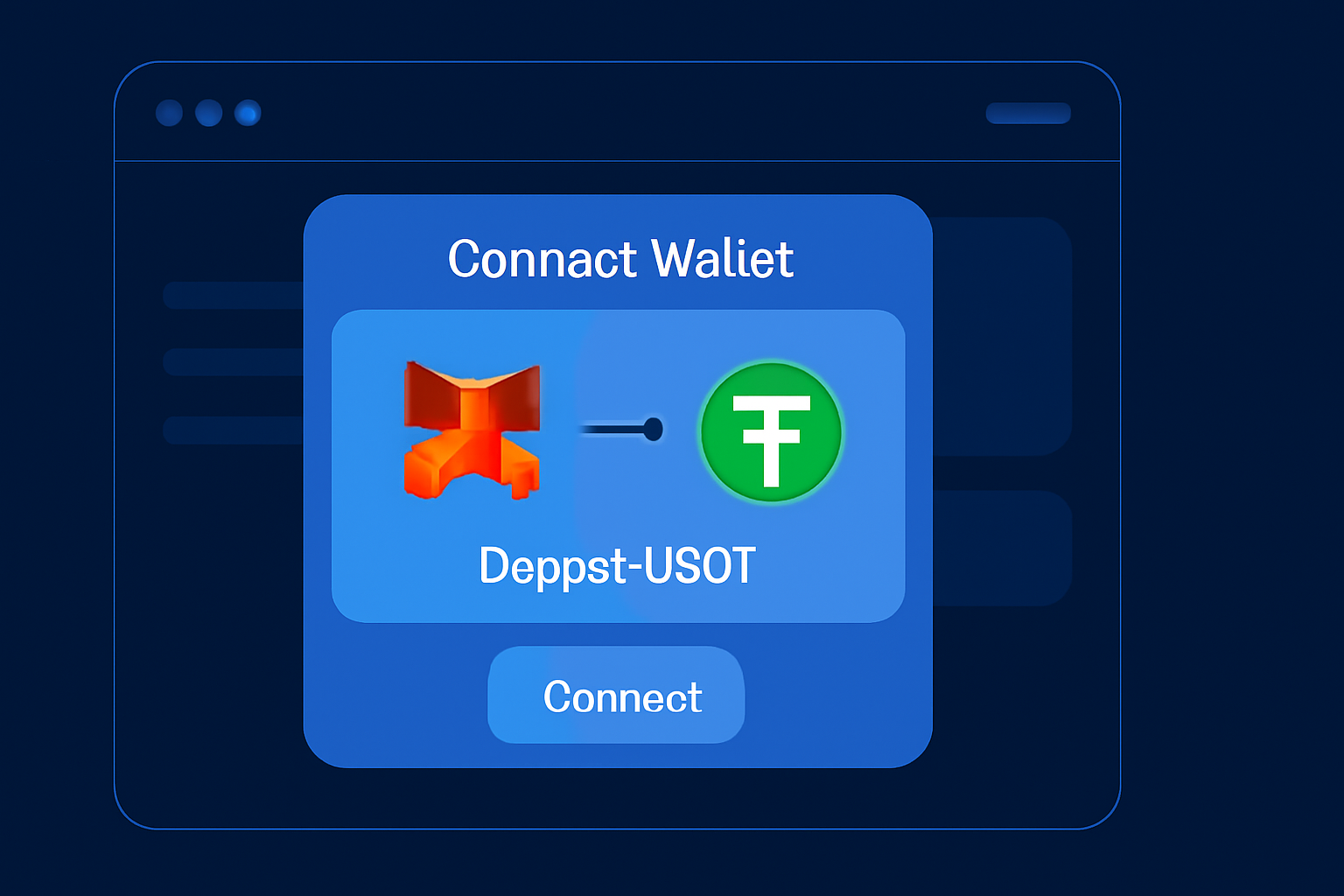 wallet connection popup on sleek web3 app, MetaMask icon linking, USDT deposit flow, cyber blue tones --ar 16:9