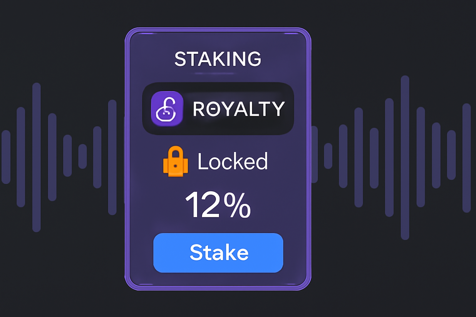 staking interface with royalty token locked, yield percentage display, music waveform background pulsing --ar 16:9