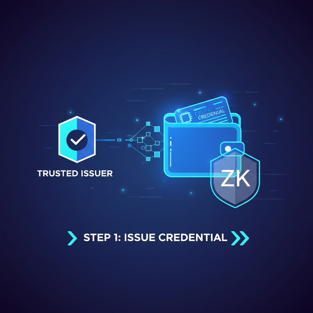trusted issuer badge issuing digital credential to glowing wallet, zk privacy shield, futuristic neon blues