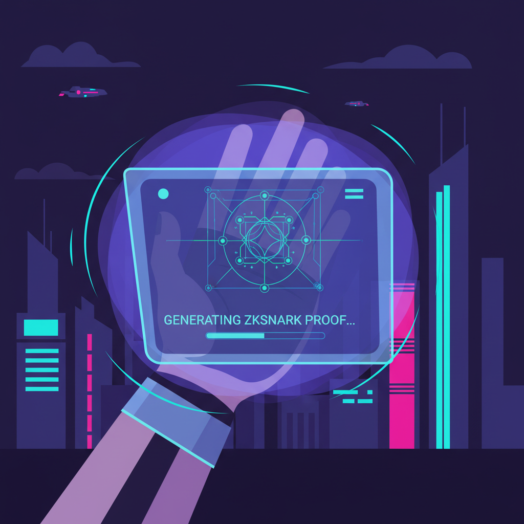 user wallet generating zkSNARK proof, cryptographic circuits glowing, privacy aura, cyberpunk style