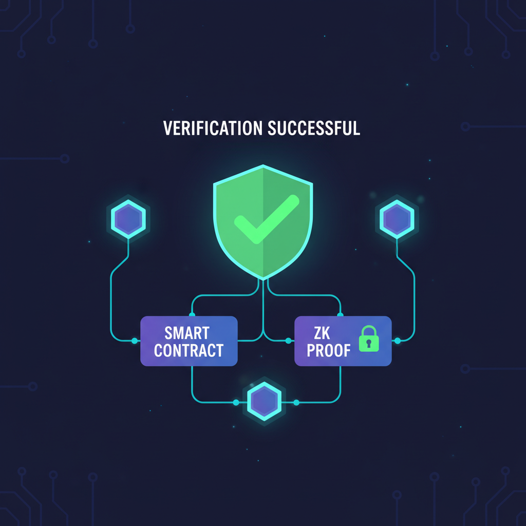 smart contract verifying zk proof, green checkmark, blockchain nodes connected, high-tech verification