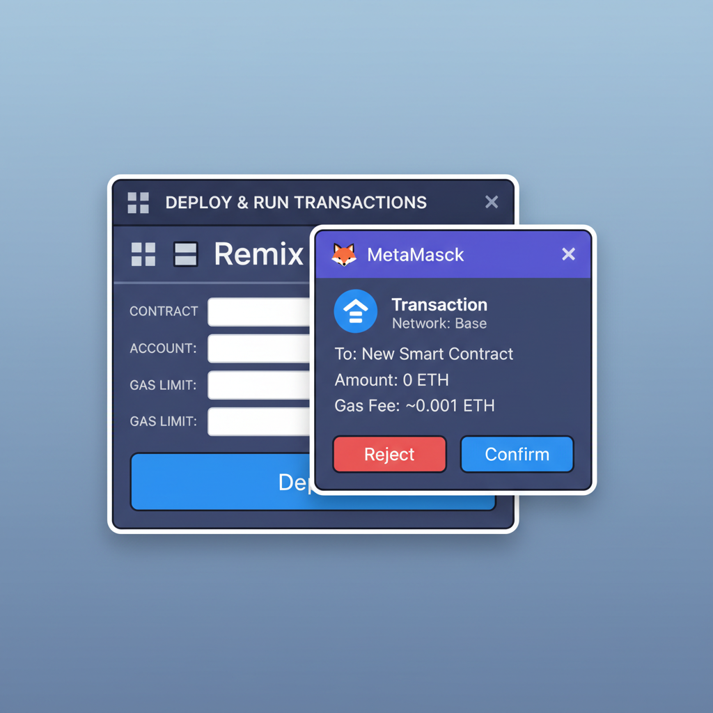 Remix deploy panel with MetaMask popup on Base network, transaction screen