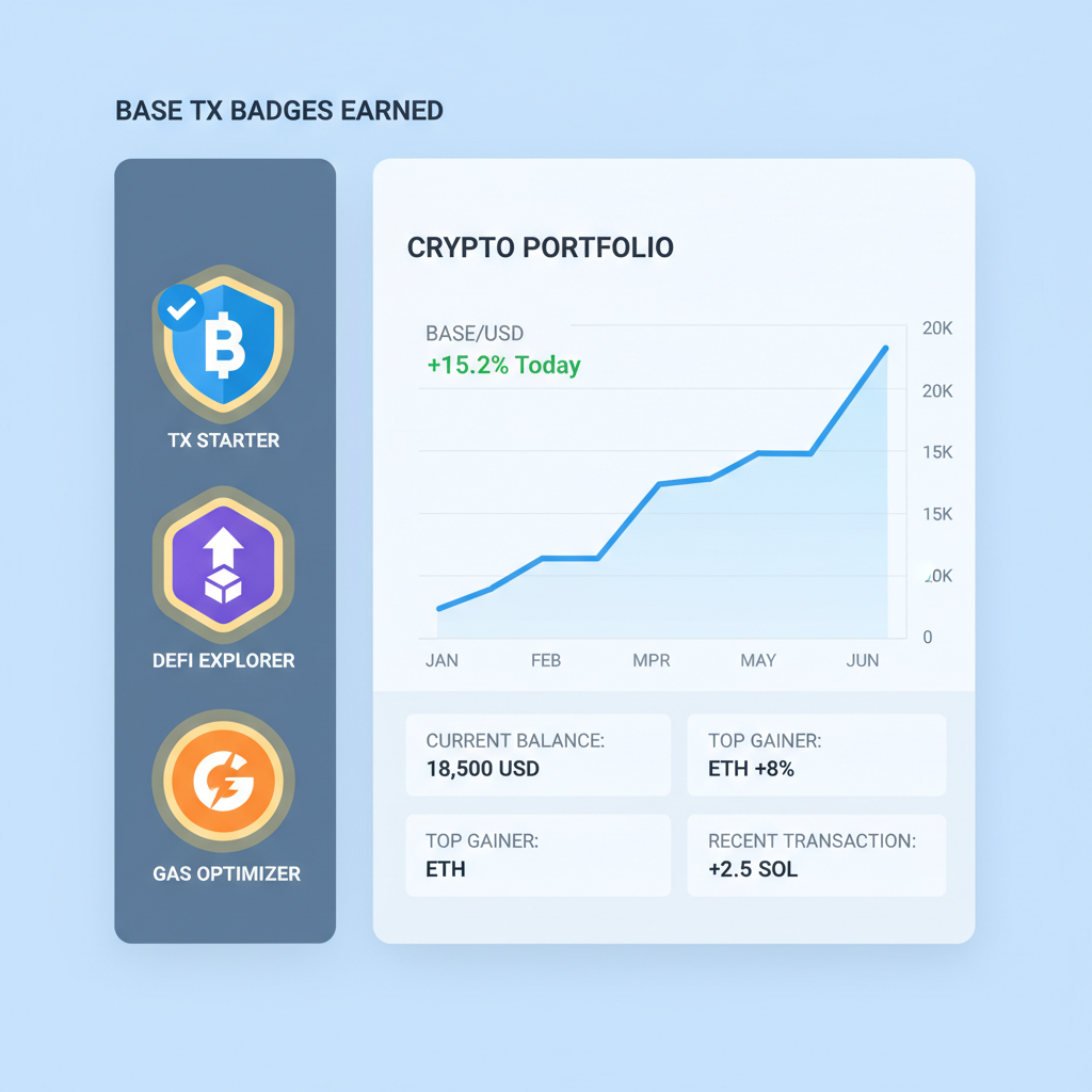 Dashboard showing Base TX badges earned, crypto analytics chart