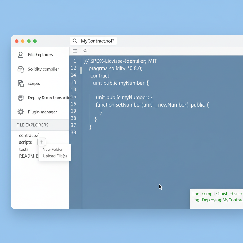 Remix IDE dashboard with new file creation, code editor screenshot