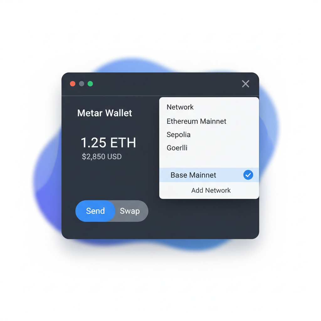 MetaMask wallet interface showing Base Mainnet added, clean screenshot style