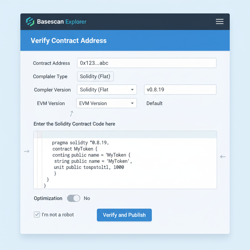 Basescan verification page with contract details filled, explorer UI