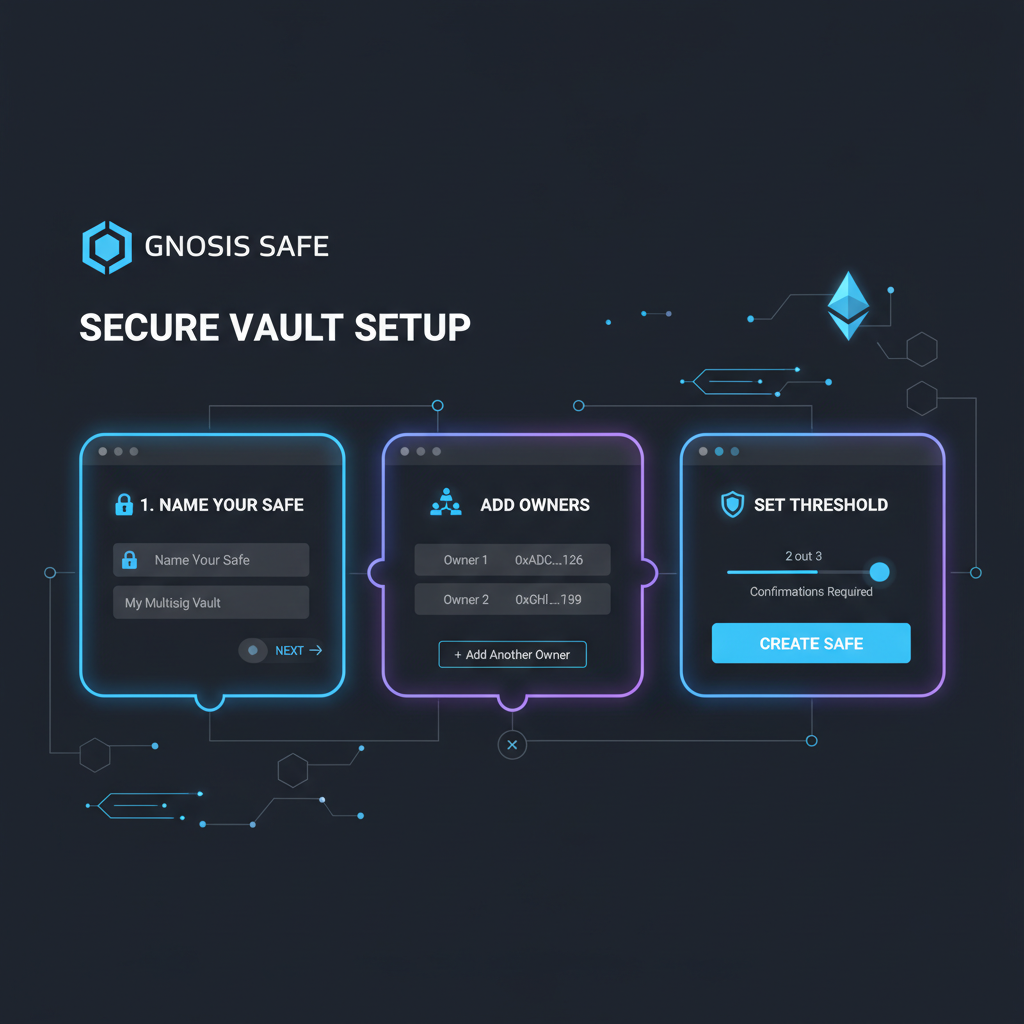 Gnosis Safe multisig wallet interface on Ethereum blockchain, secure vault setup, futuristic UI, neon blues