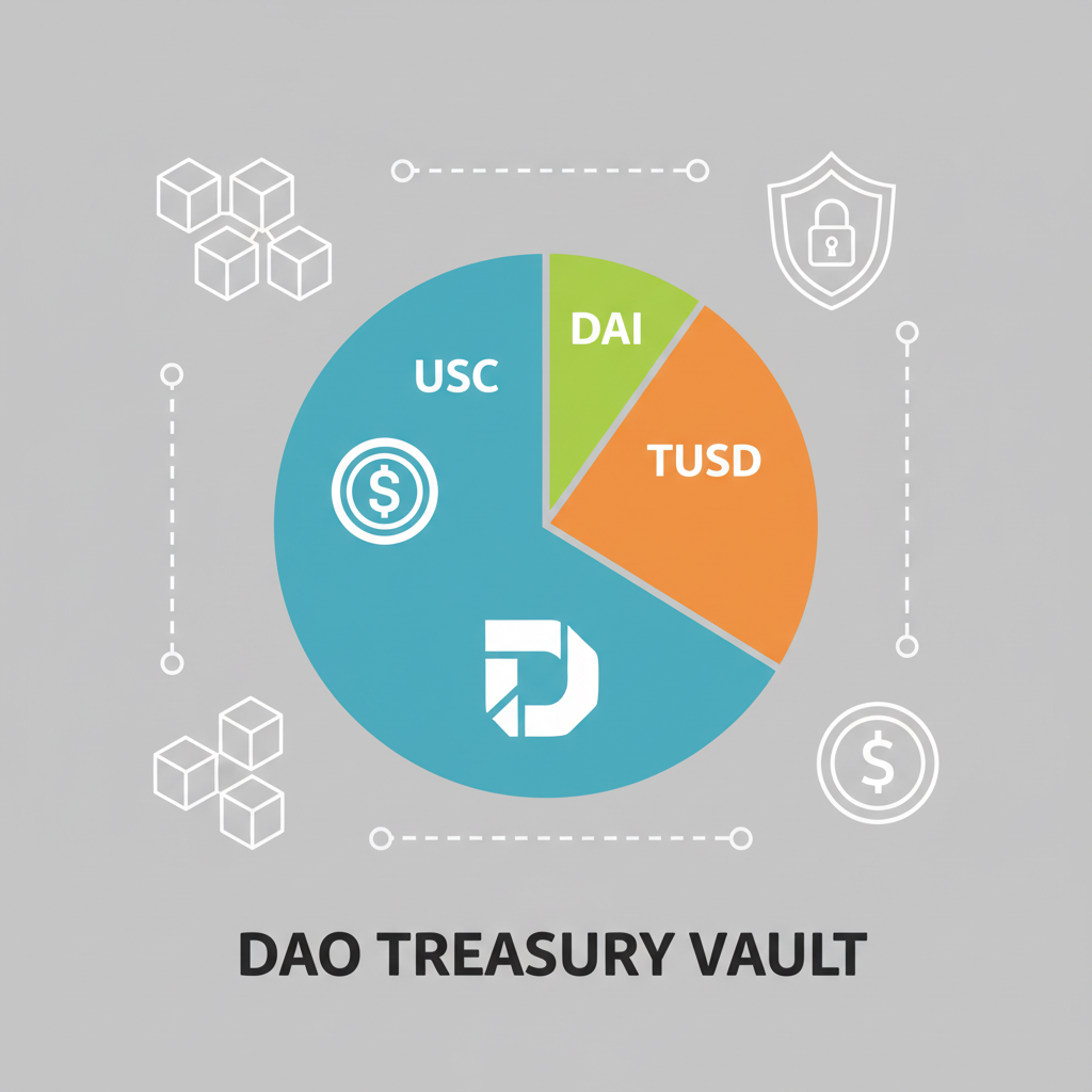 Pie chart of stablecoin allocation USDC DAI TUSD in DAO treasury vault, blockchain icons, data visualization