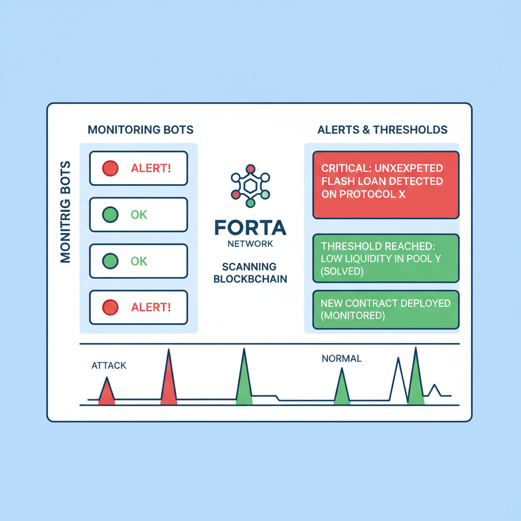 DeFi monitoring bots dashboard with alerts, Forta network scanning blockchain, red green indicators