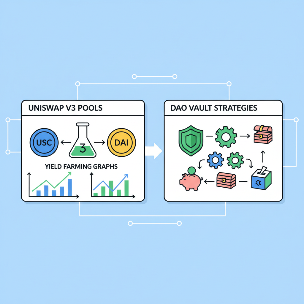 Uniswap V3 liquidity pools with stablecoins, yield farming graphs, DAO vault strategies visualized