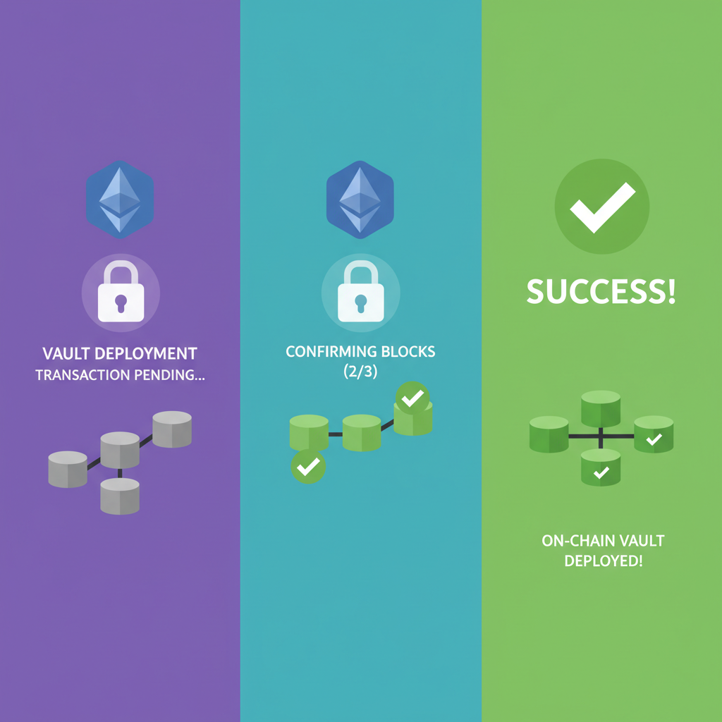 On-chain vault deployment transaction, Ethereum blocks confirming, celebratory green success screens