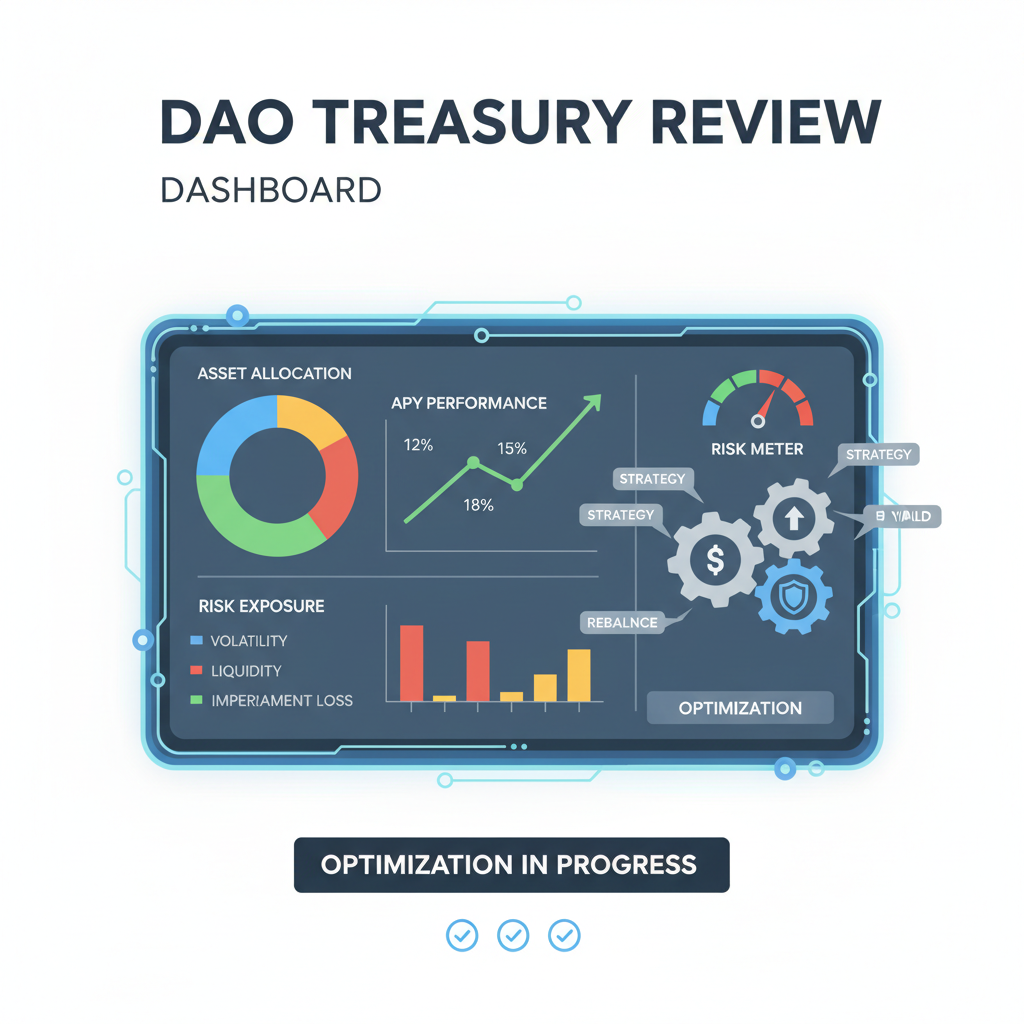 DAO treasury review dashboard, performance charts APY risks, optimization gears turning