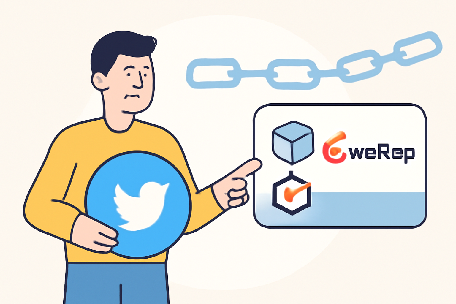 A person connecting their Twitter account to a blockchain platform, with digital chains and the GiveRep logo in the background, in a friendly, modern style.