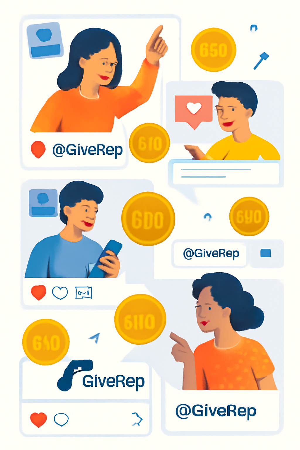 A lively social media feed with users posting, commenting, and tagging @GiveRep, with REP tokens floating around, in a vibrant, energetic style.