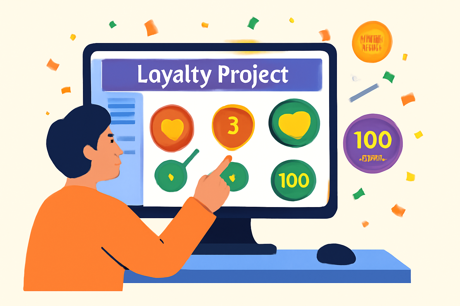A user interacting with a Loyalty Project dashboard, badges and REP tokens being awarded, colorful and engaging visuals.