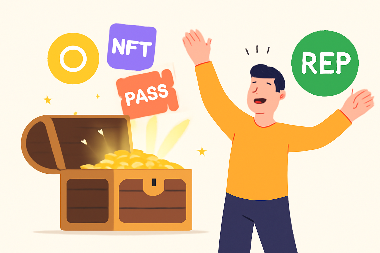 A treasure chest opening to reveal tokens, NFTs, and exclusive passes, with a user celebrating their REP rewards, in a playful, rewarding style.