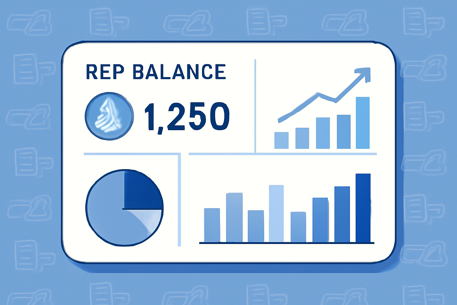 A digital dashboard showing a growing REP balance, charts, and a blockchain ledger background, clean and futuristic.