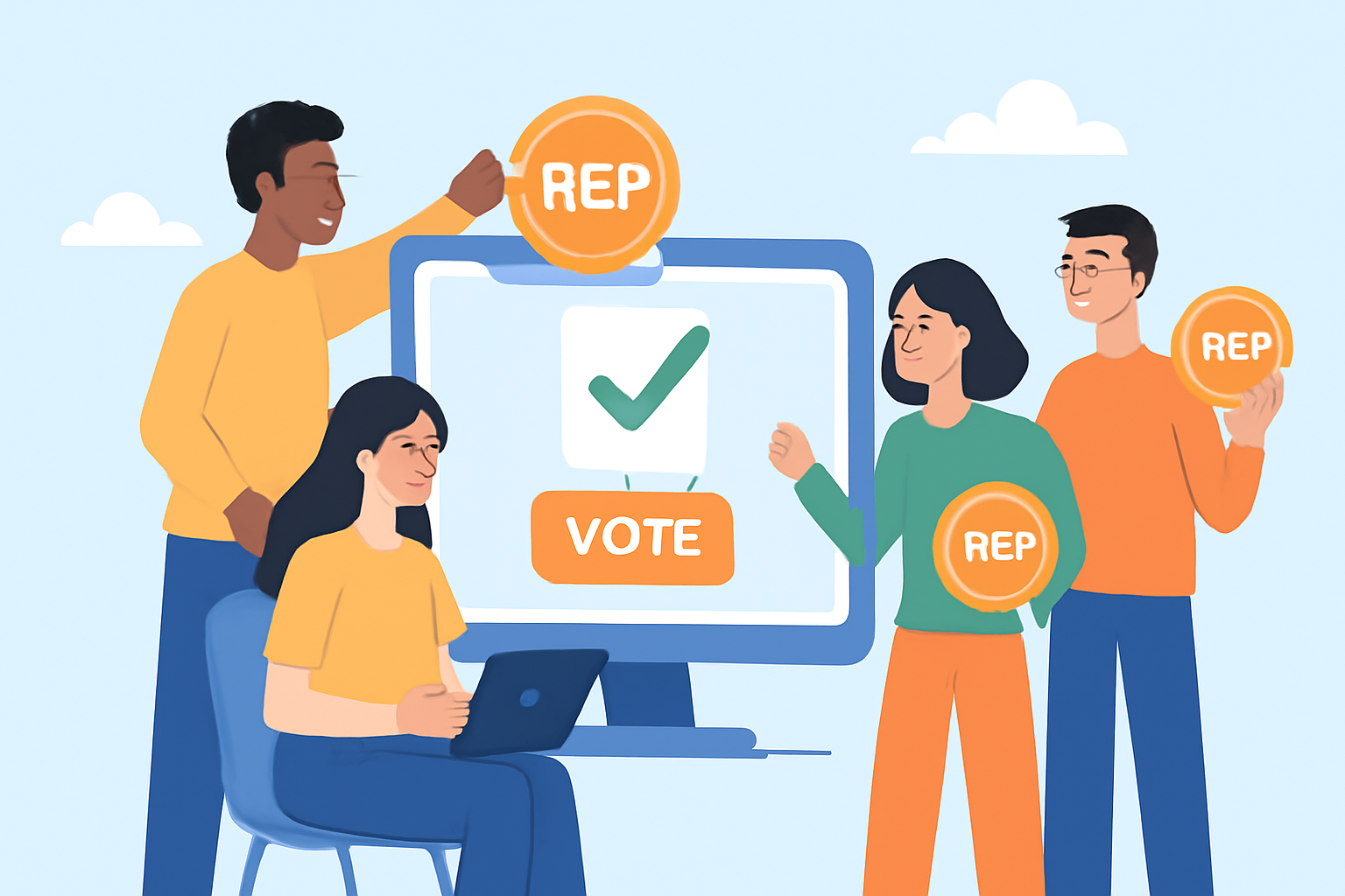 A group of diverse users casting votes on a digital governance platform, with REP tokens symbolizing voting power, in a collaborative, optimistic scene.