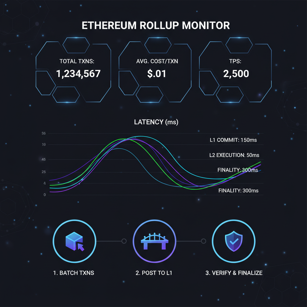 sleek web dashboard showing Ethereum rollup metrics, latency graphs, dark mode, futuristic UI