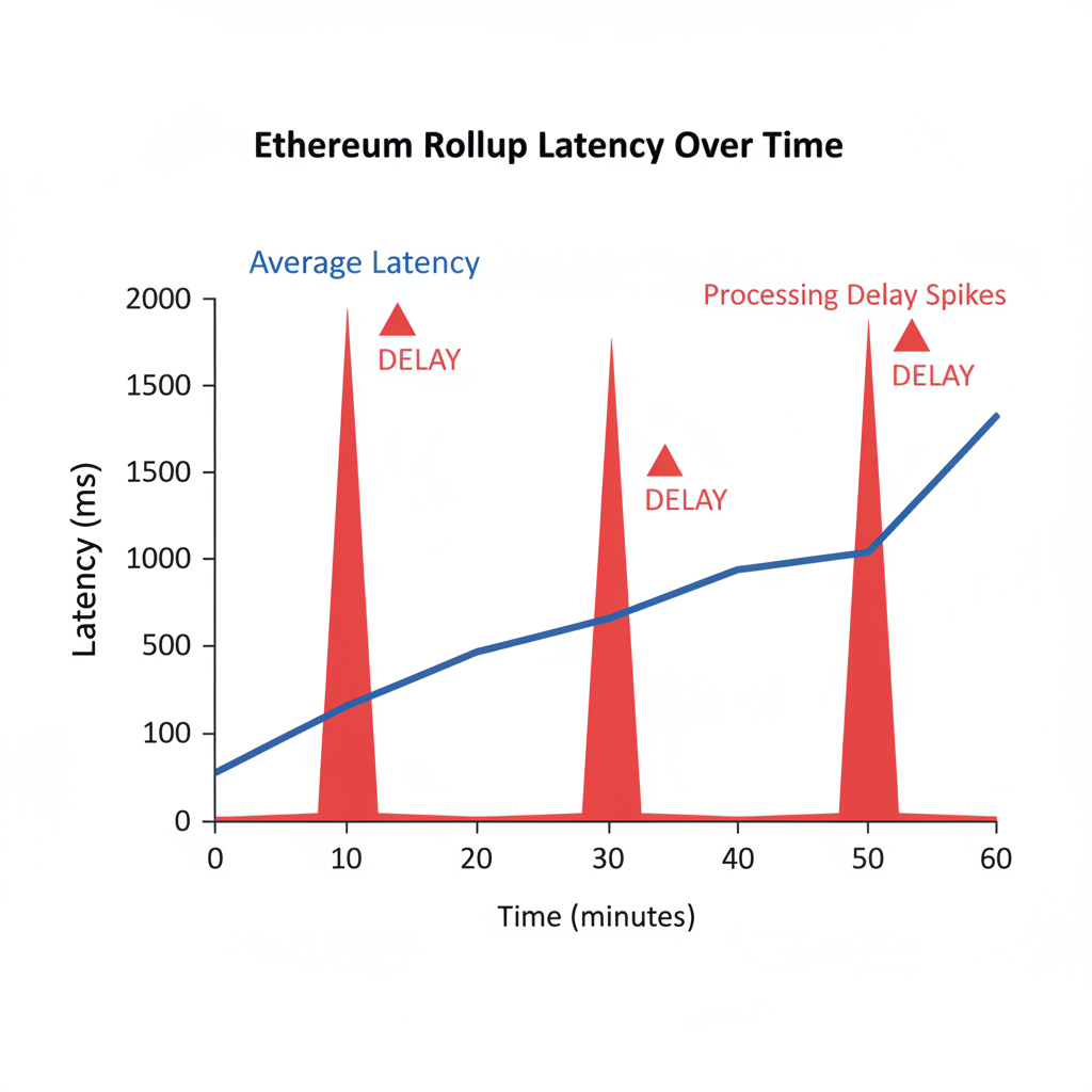 line graph of latency metrics over time for Ethereum rollup, red spikes indicating delays, clean chart