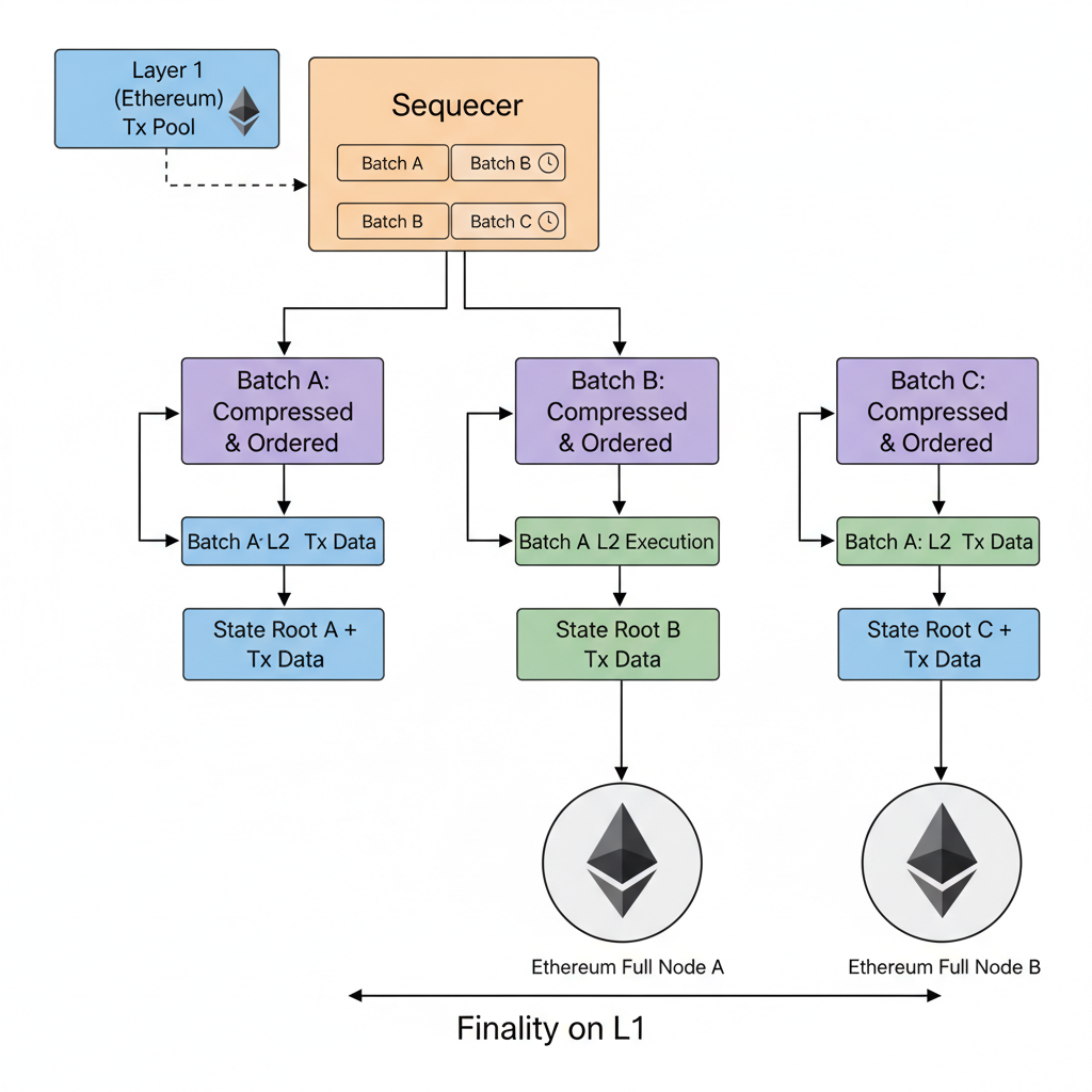 flowchart of batch dependencies in rollup sequencing, arrows connecting blocks, Ethereum nodes