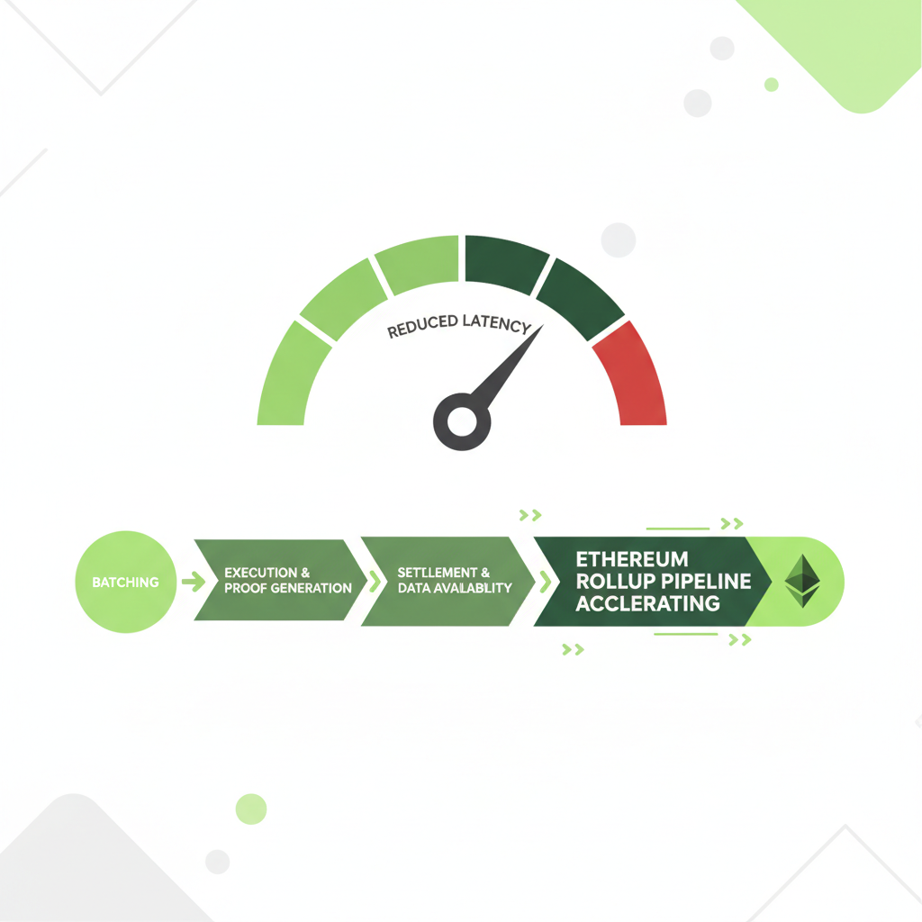 speedometer showing reduced latency, Ethereum rollup pipeline accelerating, green zones