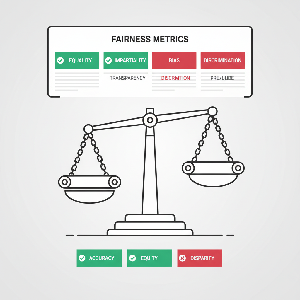 balance scale icon with rollup chains, fairness metrics dashboard, green and red indicators
