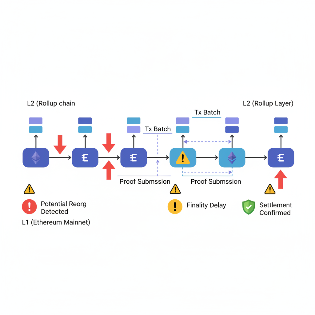 timeline chart with reorg markers on blockchain blocks, Ethereum rollup visualization, warning icons