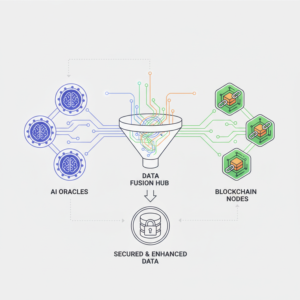 data fusion diagram merging AI oracles and blockchain nodes, glowing neural networks