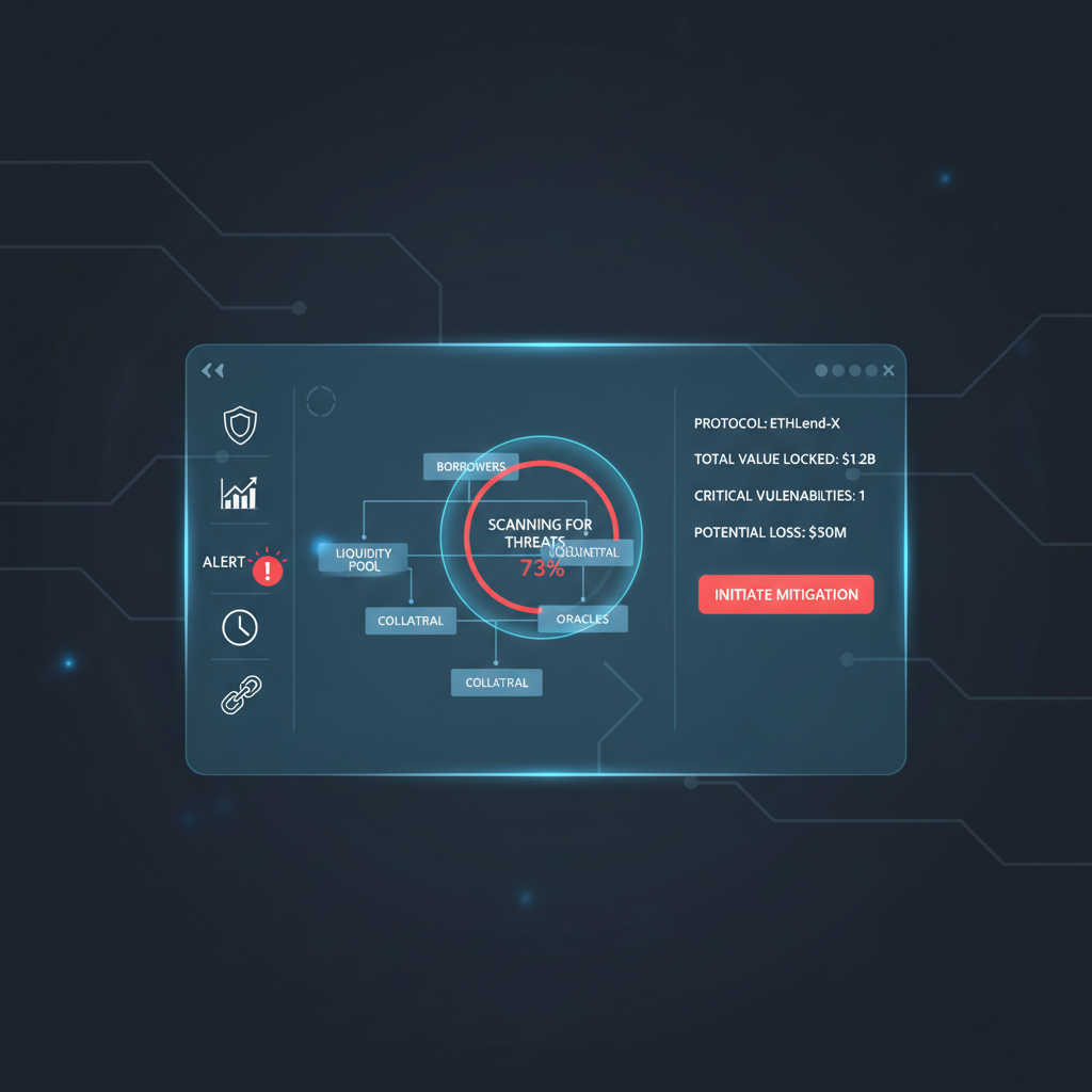 AI risk dashboard scanning DeFi lending protocol for threats, holographic interface