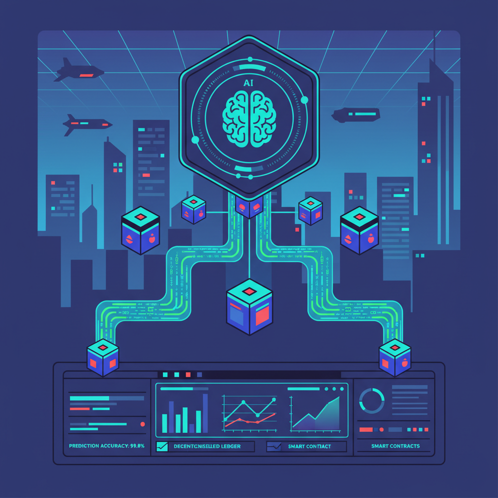 futuristic AI oracle dashboard with blockchain nodes and data streams, cyberpunk style