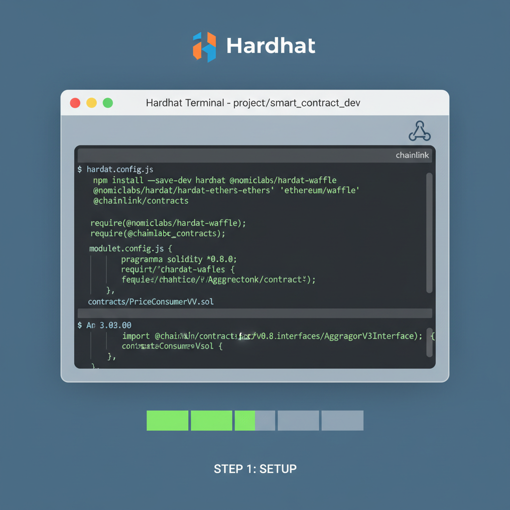 developer terminal with Hardhat setup and Chainlink contracts, clean code interface